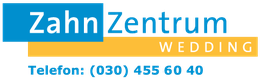 Zahnarzt-Logo mit Text: "ZahnZentrum Wedding, Telefon: (030) 455 60 40" auf blauem und gelbem Hintergrund.