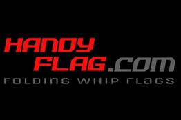 Logo for HandyFlag.com, specializing in folding whip flags. Bold red and gray text on black.