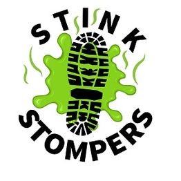 Green shoe print surrounded by odor lines and text "Stink Stompers" in black letters.