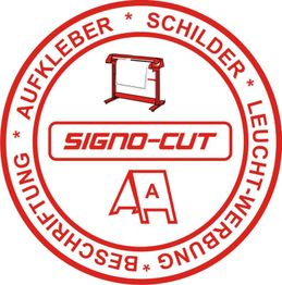 Rotes Logo mit Text "SIGNO-CUT" und Symbolen für Aufkleber, Schilder, Leuchtwerbung, Beschriftung.