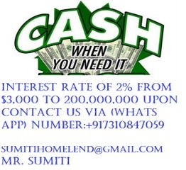 Advertisement for cash loans with 2% interest, contact via WhatsApp or email for more details.