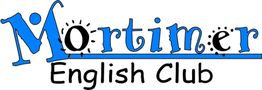 Logo des Mortimer English Club in blauen und schwarzen Buchstaben.