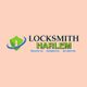 "Locksmith Harlem logo with shield and keyhole; residential, commercial, automotive services."