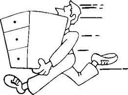 Strichmännchen trägt geschwind eine Kommode, eilt nach rechts mit schnellen Bewegungen.