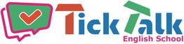 Logotipo de Tick Talk English School con burbujas de diálogo y un símbolo de verificación.