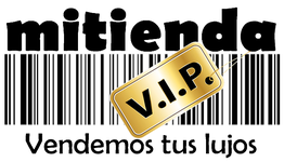 Logotipo con código de barras, texto "mitienda", y etiqueta dorada "V.I.P.".