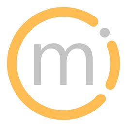 Ein grauer Buchstabe "m" mit einem orangen Kreis und Punkt symbolisiert ein Logo.