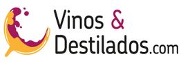 Logo de "Vinos & Destilados.com" con copa de vino estilizada a la izquierda.