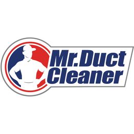Logo of "Mr. Duct Cleaner" with silhouette of a person on a red and blue background.