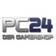 Logo von PC24, Der Gamershop, in silbernen und blauen Buchstaben auf weißem Hintergrund.