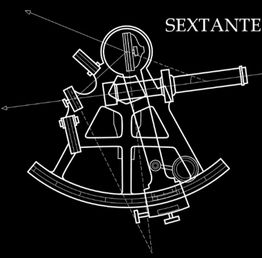 Dibujo técnico de un sextante blanco sobre fondo negro. Texto: "SEXTANTE" en la esquina superior.