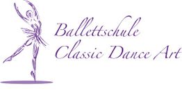 Skizze eines Tänzers, der in violett gezeichnet ist, neben dem Schriftzug "Ballettschule Classic Dance Art".