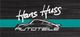„Hans Huss Autoteile“ Logo: Silhouette eines Autos und Schriftzug auf schwarzem Hintergrund.