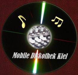 CD mit Audio-Mixer in der Mitte, Noten und Text: "Mobile Diskothek Kiel".