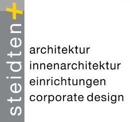 Grauer Hintergrund mit gelbem Kreuz und Text: Architektur, Innenarchitektur, Einrichtungen, Corporate Design.