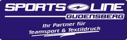 Logo: "Sportsline Gudensberg - Ihr Partner für Teamsport & Textildruck", weiß auf lila Hintergrund.