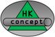 Grünes Dreieck und zylinderförmige Schaltfläche mit Text "HK concept" auf grauem Ovalhintergrund.