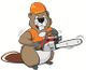 Cartoon beaver in a hard hat holding a chainsaw, wearing an orange safety vest.