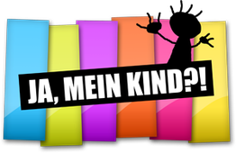 Bunte Streifen und schwarze Silhouette mit dem Text "JA, MEIN KIND?!" in der Mitte.