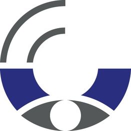 Graues und blaues abstraktes Logo mit Kreis- und Halbkreisformen auf weißem Hintergrund.
