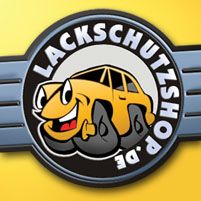 Logo mit gelbem Auto, das lacht, umgeben von "Lackschutzshop.de"-Schriftzug auf gelbem Hintergrund.
