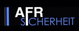 Schwarzes Logo mit der Aufschrift "AFR Sicherheit" in weiß und blau.
