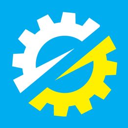 Engrenagem meia branca, meia amarela, em fundo azul.