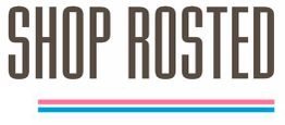 "SHOP ROSTED" med farvede linjer nedenunder.