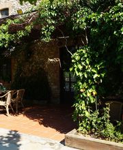 Casa rústica con fachada de piedra, enredaderas y sillas al exterior, bajo luz del sol.