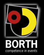 Buntes BORTH-Logo mit gelbem und rotem Kreis. Text: "BORTH competence in events".