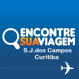Texto "Encontre Sua Viagem, São José dos Campos, Curitiba" sobre fundo azul com ícone de avião.