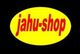 Gelbes Oval mit rotem "jahu-shop"-Schriftzug auf schwarzem Hintergrund.