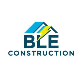 BLE Construction logo with blue roofs and a yellow lightning bolt.