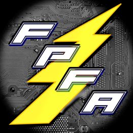 Logo mit gelbem Blitz und den Buchstaben "FPFA" auf schwarzem Hintergrund mit Schaltkreis.