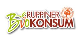 Logo mit grünem Text "Ruppiner Biokonsum" und rotem Siegel "Hier Für Hier, Von Hier".