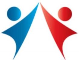 Zwei stilisierte Figuren, eine blau, eine rot, die sich in der Mitte berühren.