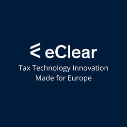 Logo von eClear mit Schriftzug: "Tax Technology Innovation Made for Europe" auf dunkelblauem Hintergrund.
