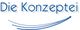 "Logo mit blauem Schriftzug 'Die Konzeptei' und geschwungenen Linien darunter."