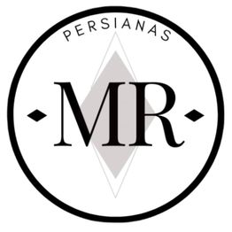 Logotipo circular con las letras "MR" y la palabra "PERSIANAS" arriba. Fondo blanco con rombo gris.