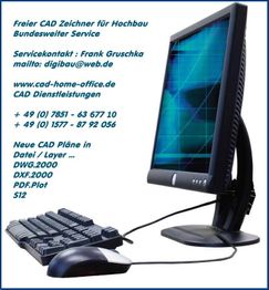 Computer mit CAD-Zeichnungen, Kontaktinformationen für Frank Gruschka oben links aufgelistet.