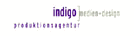 Logo mit Text: "indigo Medien Design Produktionsagentur" in lila und grau.