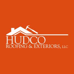 HUDCO Roofing & Exteriors logo with house and hammer on an orange background.