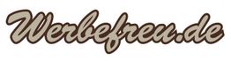 "Schriftzug 'Werbefreu.de' in geschwungener brauner Schrift vor weißem Hintergrund."