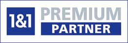 Logo mit blauem Quadrat: "1&1 PREMIUM PARTNER" in Grautönen.