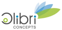 Logo mit Schriftzug "Olibri Concepts", Blattmotive in Blau und Grün rechts oberhalb.