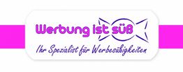 Pink-weißer Schriftzug: "Werbung ist süß - Ihr Spezialist für Werbesüßigkeiten" mit Bonbonmotiv.
