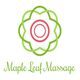 Green floral logo with a red circle, text says "Maple Leaf Massage" in green script.