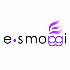 Schwarzer Text "e-smoggi" mit violettem Rauch in "g"-Form auf weißem Hintergrund.