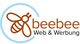 Logo mit Biene und Schriftzug "beebee Web & Werbung" in Braun und Blau.