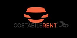 Logo Costabile Rent con silhouette arancione di auto su sfondo nero.